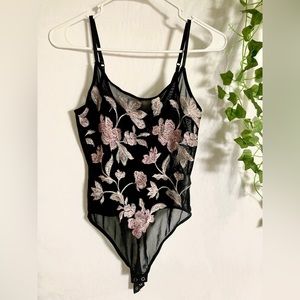 Floral mesh spaghetti strap bodysuit